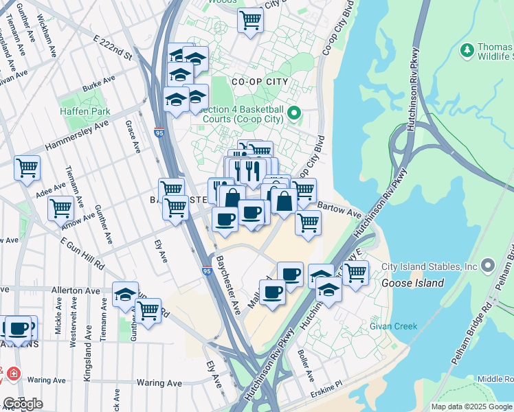 map of restaurants, bars, coffee shops, grocery stores, and more near 2089 Bartow Avenue in The Bronx