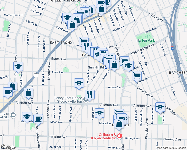 map of restaurants, bars, coffee shops, grocery stores, and more near in The Bronx