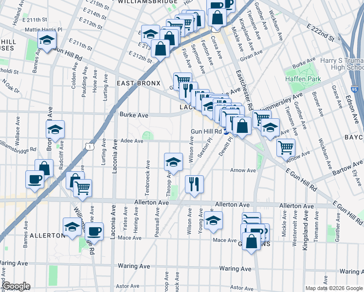 map of restaurants, bars, coffee shops, grocery stores, and more near 2950 Bouck Avenue in The Bronx