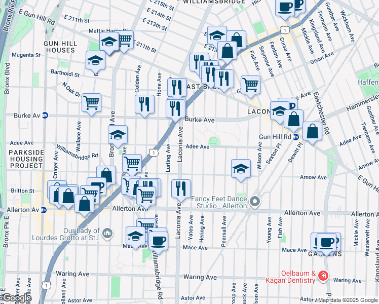 map of restaurants, bars, coffee shops, grocery stores, and more near 2954 Laconia Avenue in Bronx
