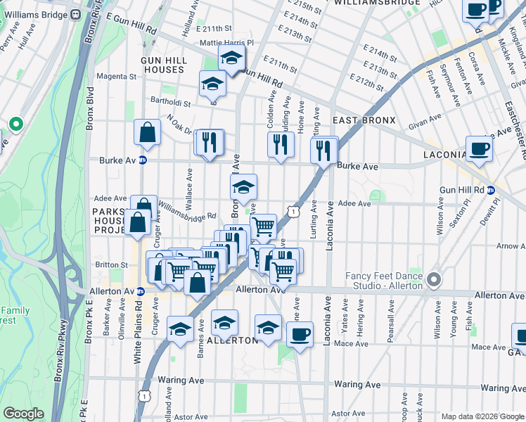 map of restaurants, bars, coffee shops, grocery stores, and more near 2948 Radcliff Avenue in Bronx