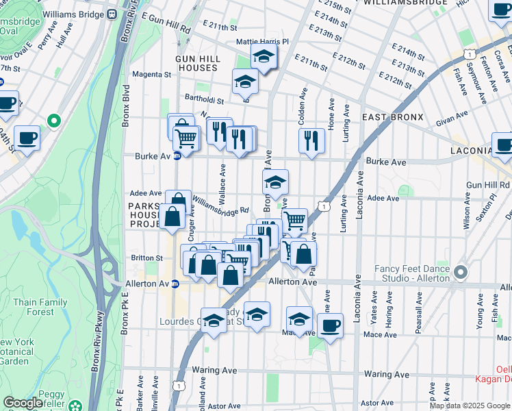 map of restaurants, bars, coffee shops, grocery stores, and more near in The Bronx