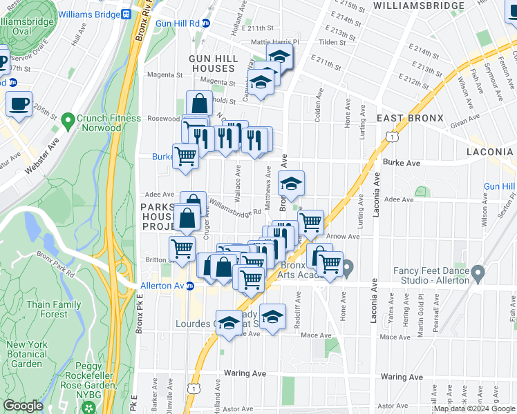 map of restaurants, bars, coffee shops, grocery stores, and more near 2952 Williamsbridge Road in Bronx