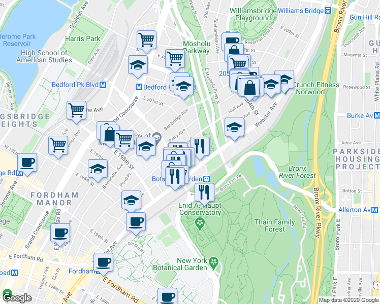 map of restaurants, bars, coffee shops, grocery stores, and more near 380 East 201st Street in The Bronx