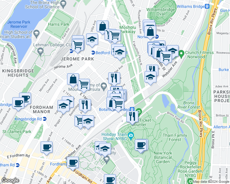 map of restaurants, bars, coffee shops, grocery stores, and more near 2960 Marion Avenue in Bronx