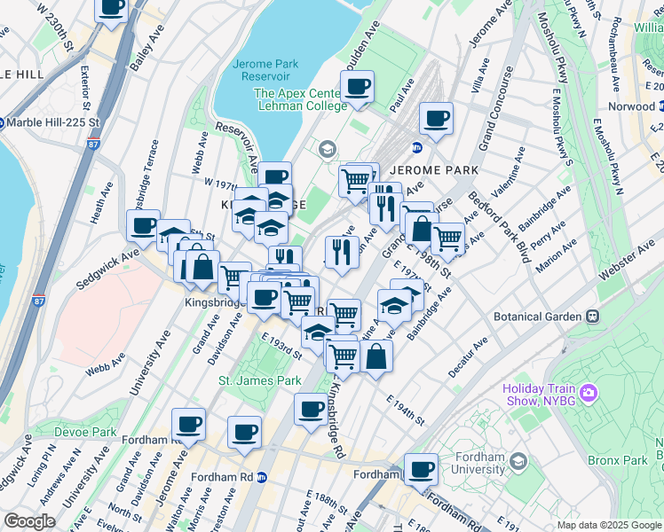 map of restaurants, bars, coffee shops, grocery stores, and more near 2758 Morris Avenue in Bronx