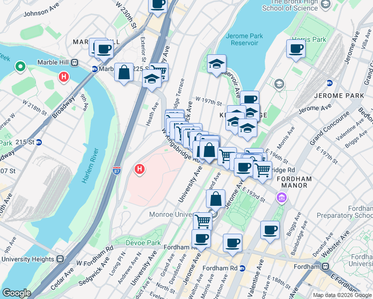 map of restaurants, bars, coffee shops, grocery stores, and more near in The Bronx