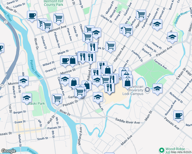 map of restaurants, bars, coffee shops, grocery stores, and more near 49 Harrison Avenue in Garfield