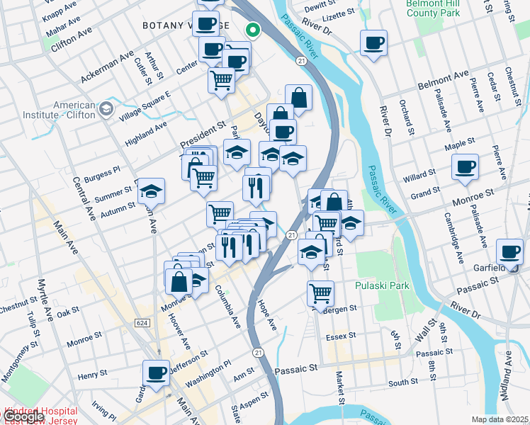 map of restaurants, bars, coffee shops, grocery stores, and more near 49 Parker Avenue in Passaic