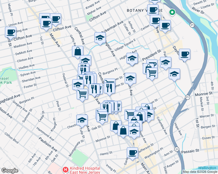 map of restaurants, bars, coffee shops, grocery stores, and more near 153 Autumn Street in Passaic