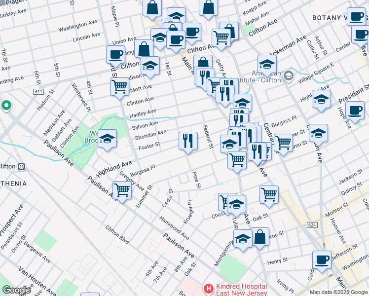 map of restaurants, bars, coffee shops, grocery stores, and more near 208 Burgess Place in Passaic