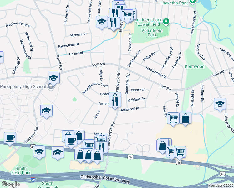 map of restaurants, bars, coffee shops, grocery stores, and more near 3 Ogden Place in Parsippany-Troy Hills