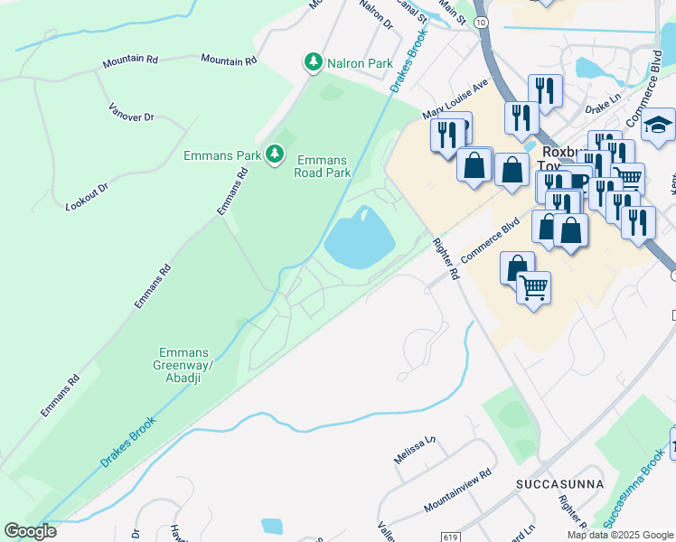 map of restaurants, bars, coffee shops, grocery stores, and more near 41 Loch Lane in Roxbury Township