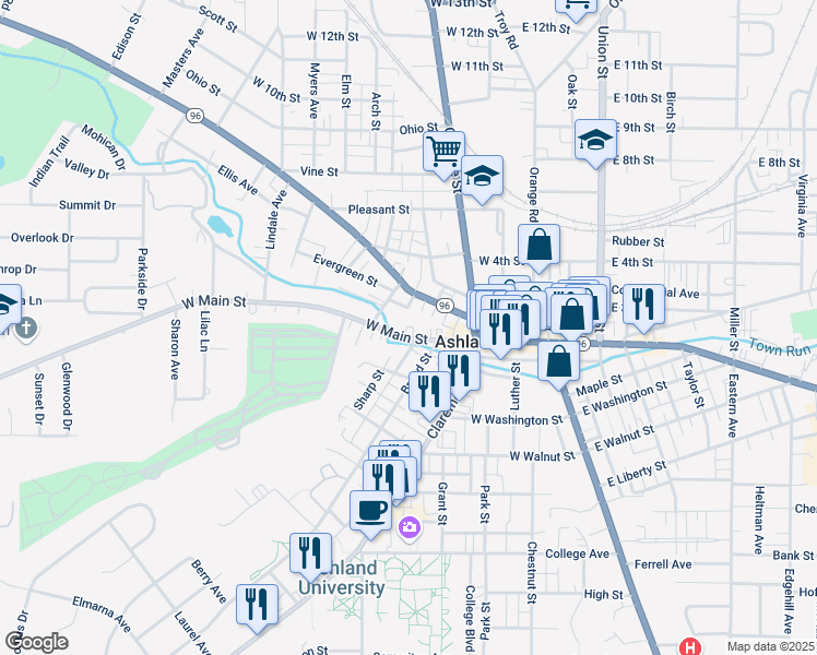 map of restaurants, bars, coffee shops, grocery stores, and more near 326 West Main Street in Ashland