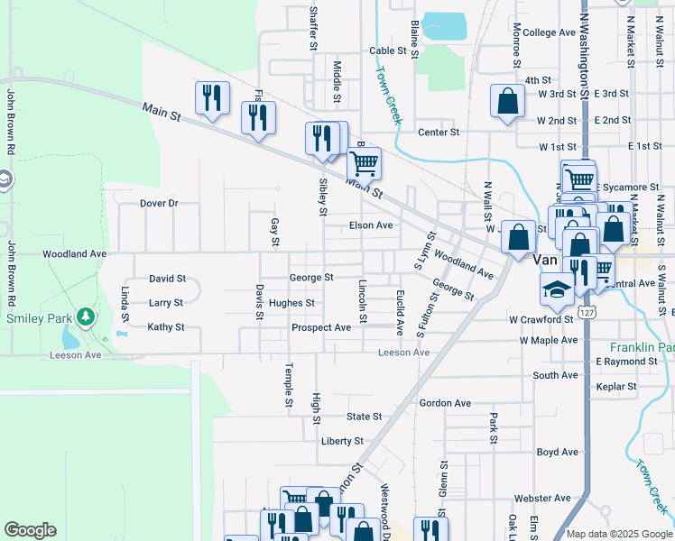 map of restaurants, bars, coffee shops, grocery stores, and more near 223 Sibley Street in Van Wert