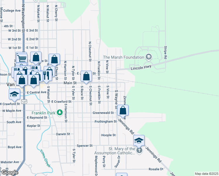 map of restaurants, bars, coffee shops, grocery stores, and more near 114 South Vine Street in Van Wert