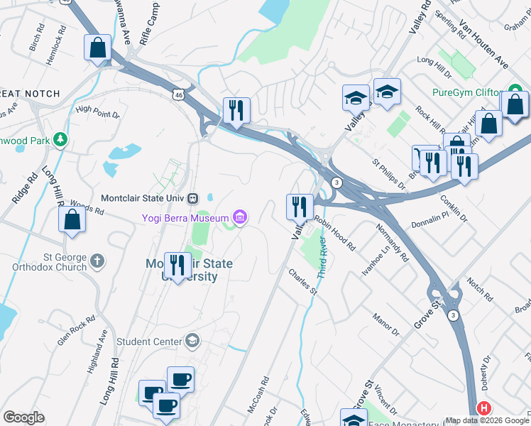 map of restaurants, bars, coffee shops, grocery stores, and more near 71 Adams Terrace in Clifton