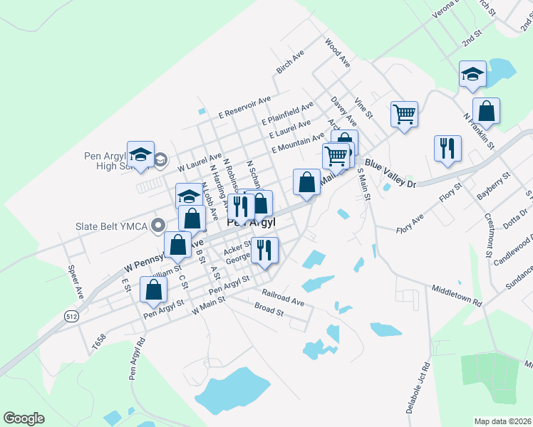 map of restaurants, bars, coffee shops, grocery stores, and more near 104 East Pennsylvania Avenue in Pen Argyl