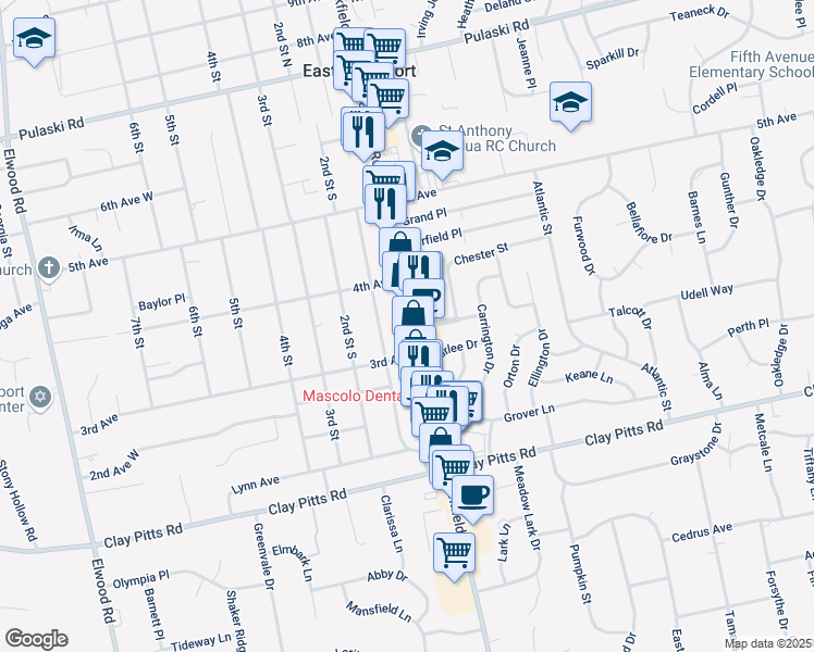 map of restaurants, bars, coffee shops, grocery stores, and more near 360 Larkfield Road in East Northport