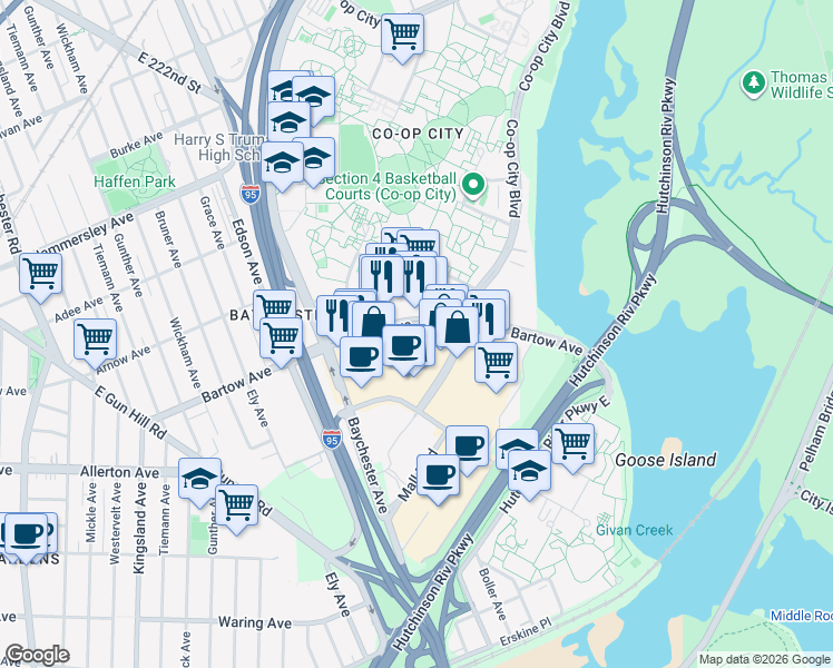map of restaurants, bars, coffee shops, grocery stores, and more near 2050 Bartow Avenue in Bronx