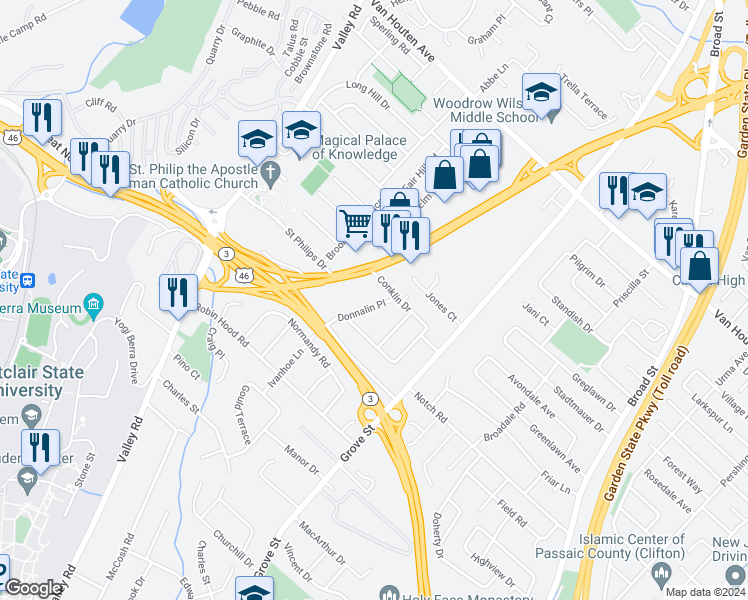 map of restaurants, bars, coffee shops, grocery stores, and more near 20 Donnalin Place in Clifton