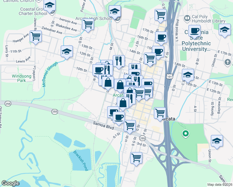 map of restaurants, bars, coffee shops, grocery stores, and more near 801 K Street in Arcata