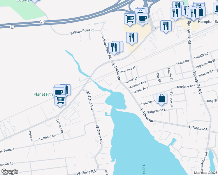 map of restaurants, bars, coffee shops, grocery stores, and more near 10 Hyler Drive in Hampton Bays
