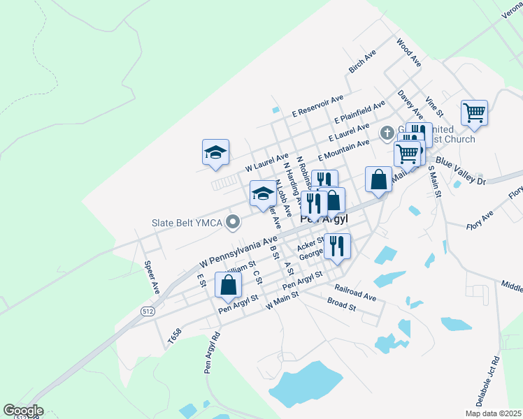 map of restaurants, bars, coffee shops, grocery stores, and more near 313 West Babbitt Avenue in Pen Argyl