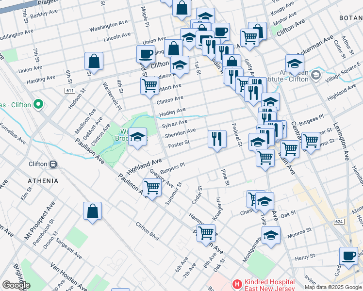map of restaurants, bars, coffee shops, grocery stores, and more near 41 Foster Street in Clifton