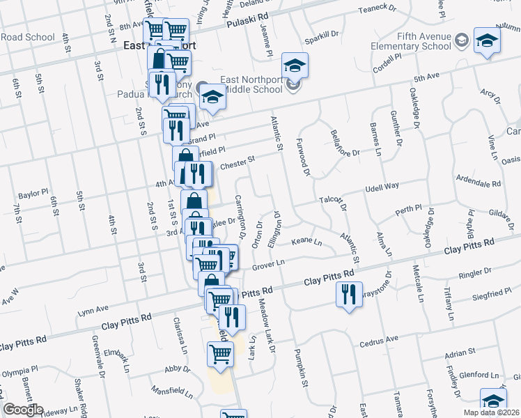 map of restaurants, bars, coffee shops, grocery stores, and more near 6 Orton Drive in East Northport