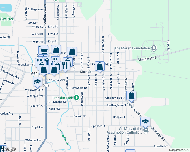 map of restaurants, bars, coffee shops, grocery stores, and more near 113 South Race Street in Van Wert