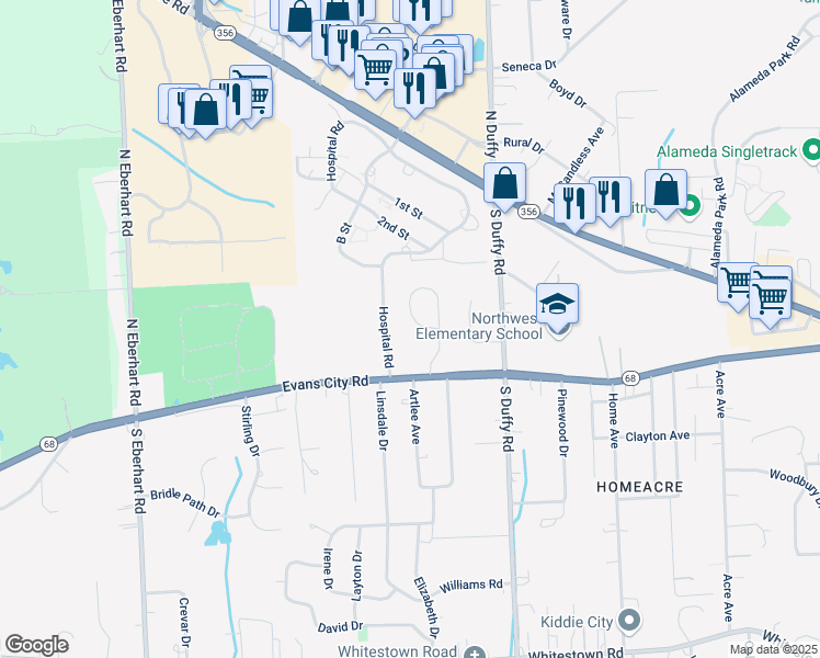 map of restaurants, bars, coffee shops, grocery stores, and more near 224 Camelot Drive in Butler