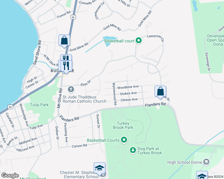 map of restaurants, bars, coffee shops, grocery stores, and more near 46 Woodbine Avenue in Mount Olive Township