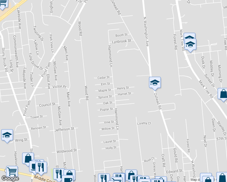 map of restaurants, bars, coffee shops, grocery stores, and more near 96 Hammond Lane in Centereach