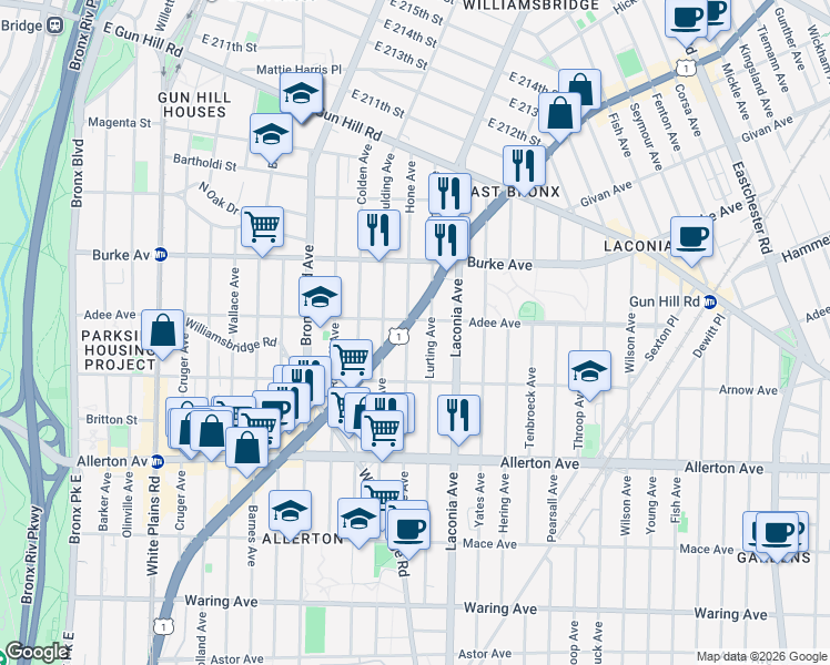 map of restaurants, bars, coffee shops, grocery stores, and more near 2959 Lurting Avenue in Bronx