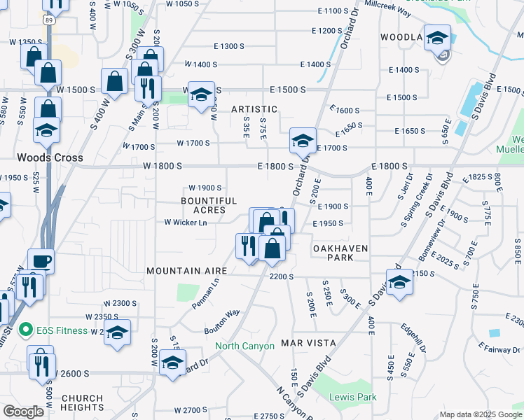 map of restaurants, bars, coffee shops, grocery stores, and more near 87 East Wicker Lane in Bountiful