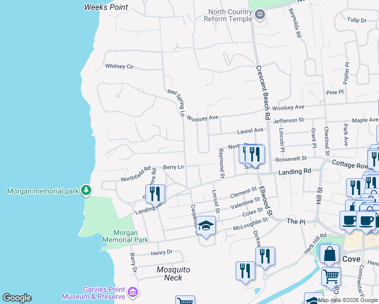 map of restaurants, bars, coffee shops, grocery stores, and more near 24 Red Spring Lane in Glen Cove