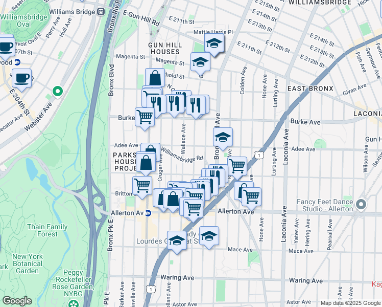 map of restaurants, bars, coffee shops, grocery stores, and more near 2953 Barnes Avenue in The Bronx