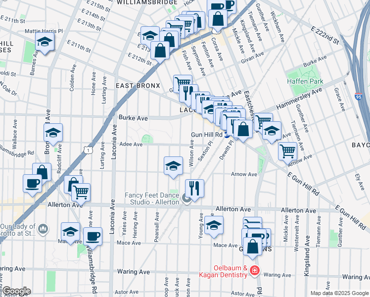 map of restaurants, bars, coffee shops, grocery stores, and more near 2950 Bouck Avenue in The Bronx