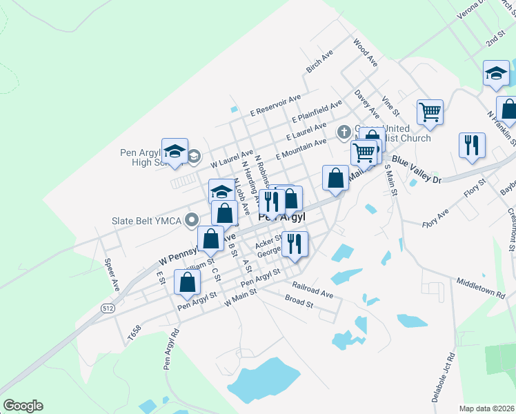 map of restaurants, bars, coffee shops, grocery stores, and more near 103 North Harding Avenue in Pen Argyl