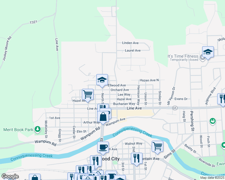 map of restaurants, bars, coffee shops, grocery stores, and more near Orchard Avenue in Ellwood City