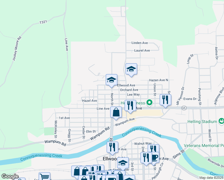 map of restaurants, bars, coffee shops, grocery stores, and more near Orchard Avenue in Ellwood City