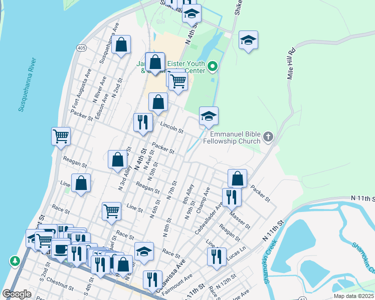 map of restaurants, bars, coffee shops, grocery stores, and more near Seiple Alley in Sunbury