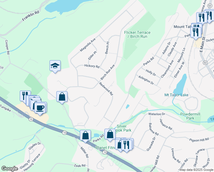 map of restaurants, bars, coffee shops, grocery stores, and more near 4 Cedar Gate Road in Denville