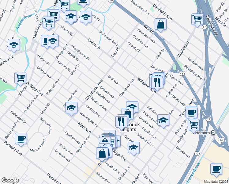map of restaurants, bars, coffee shops, grocery stores, and more near 266 Paterson Avenue in Lodi