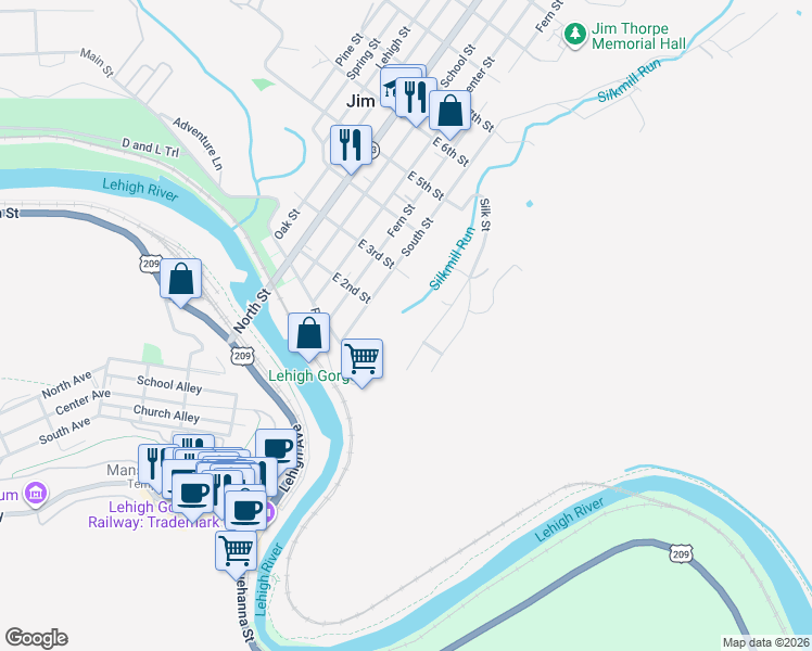 map of restaurants, bars, coffee shops, grocery stores, and more near 139 Silk St in Jim Thorpe