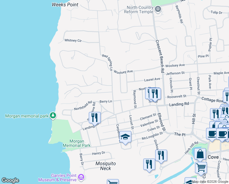 map of restaurants, bars, coffee shops, grocery stores, and more near 24 Red Spring Lane in Glen Cove