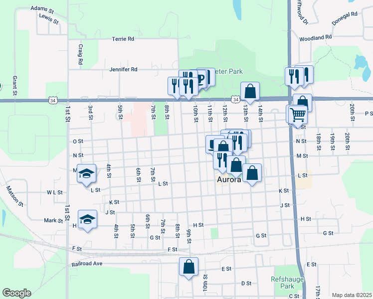 map of restaurants, bars, coffee shops, grocery stores, and more near 1254 9th Street in Aurora
