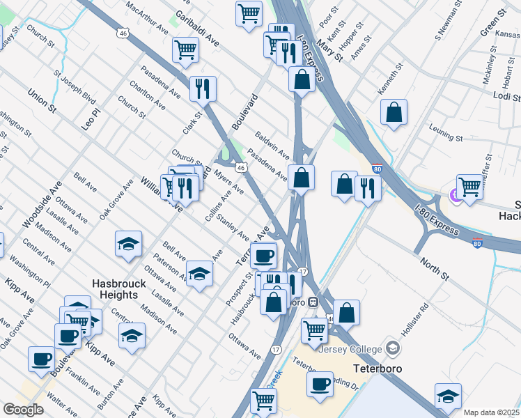 map of restaurants, bars, coffee shops, grocery stores, and more near 496 Burton Avenue in Hasbrouck Heights