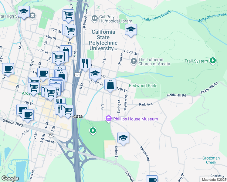 map of restaurants, bars, coffee shops, grocery stores, and more near 1127 Spring Street in Arcata